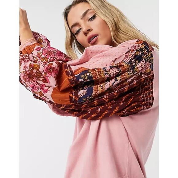 Free People Light Magic Henley Top Women's Blouse XS Pink Floral Peasant Boho - Picture 11 of 11